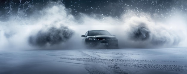 Auto alla deriva su strada bagnata innevata con panorama di banner antincendio per incidenti automobilistici Ai generativa