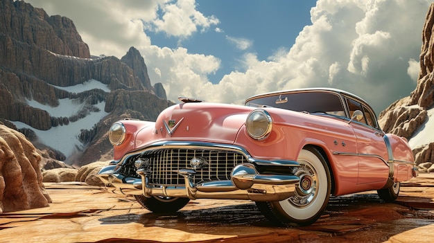 Auto americana classica rosa con sfondo del Grand Canyon