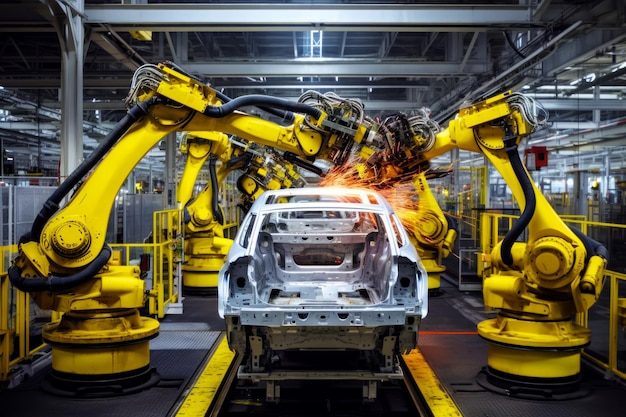 Auto assemblata in fabbrica con robot che lavora sull'auto IA generativa