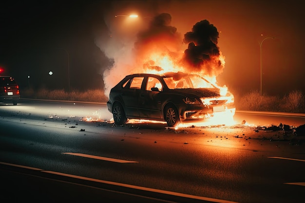 Auto avvolta dalle fiamme sul ciglio della strada IA generativa