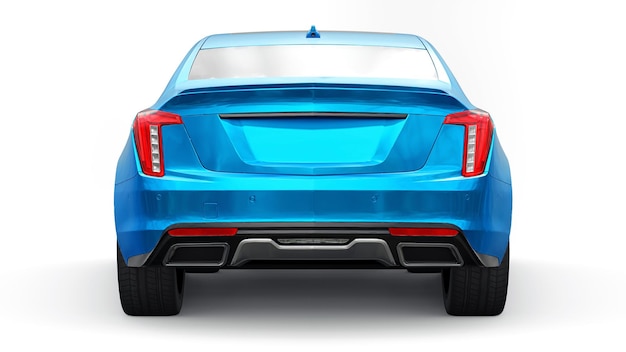 Auto berlina business premium blu in una configurazione sportiva su sfondo bianco rendering 3d