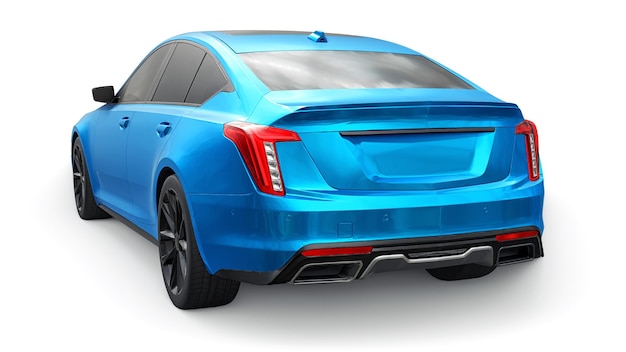 Auto berlina business premium blu in una configurazione sportiva su sfondo bianco rendering 3d