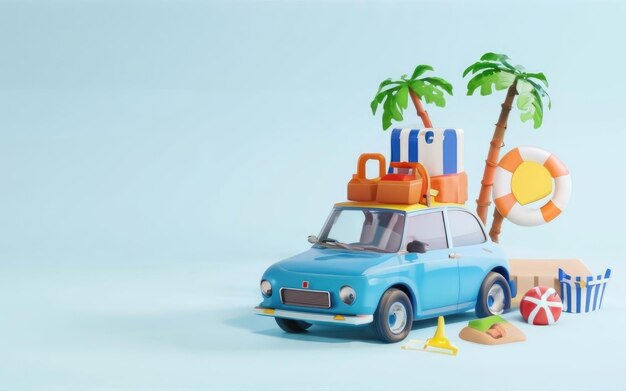 Auto blu con bagagli e accessori da spiaggia su sfondo blu Concetto di viaggio estivo 3D Render 3D