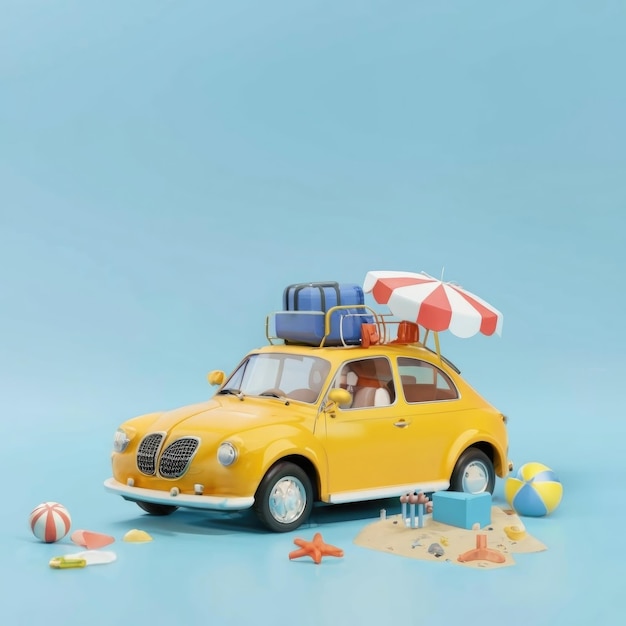 Auto blu con bagagli e accessori da spiaggia su sfondo blu Concetto di viaggio estivo 3D Render 3D