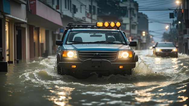 Auto che navigano per le strade allagate