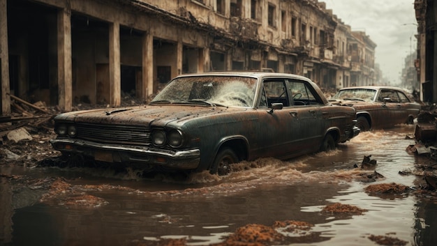 Auto che navigano per le strade allagate