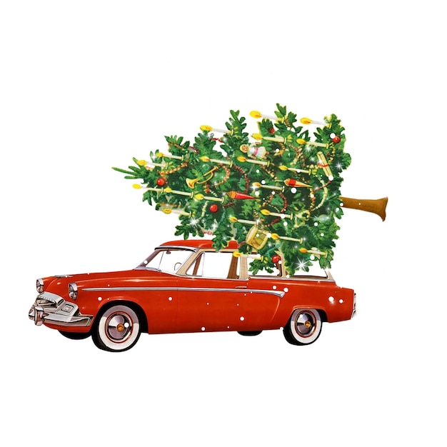 Auto che porta l'albero di Natale png collage art su sfondo trasparente Remixed da rawpixel