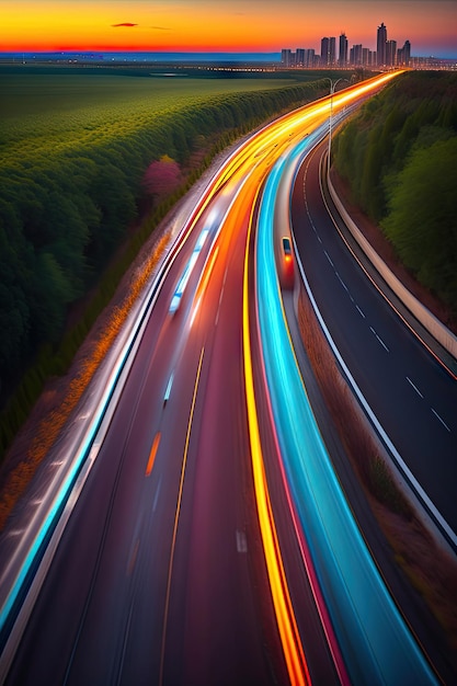 Auto che si muove velocemente sulla strada autostradale verso la città sfocata