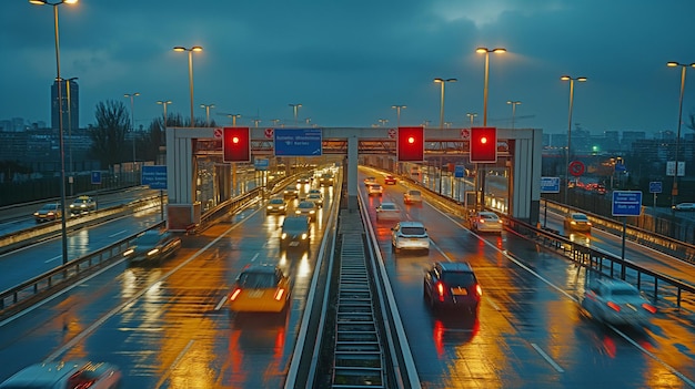 Auto che viaggiano attraverso il pedaggio autostradale