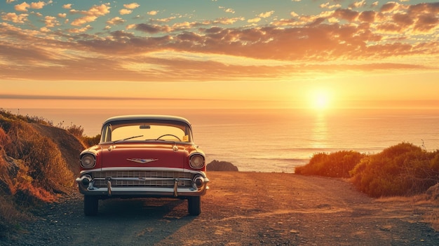 Auto classica sulla strada costiera al tramonto splendente