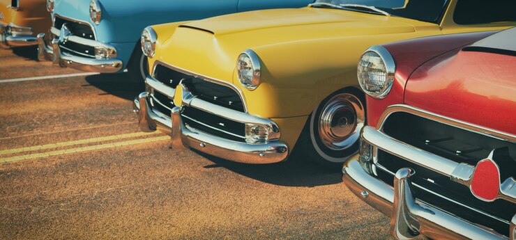 Foto auto classiche di fila. rendering 3d e illustrazione.
