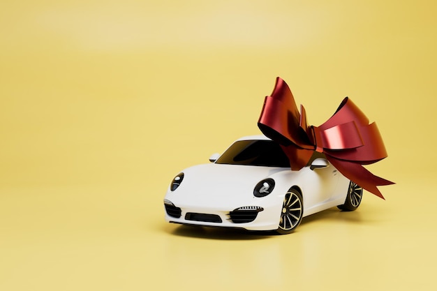 Auto come regalo auto bianca con un fiocco regalo rosso su sfondo giallo rendering 3d