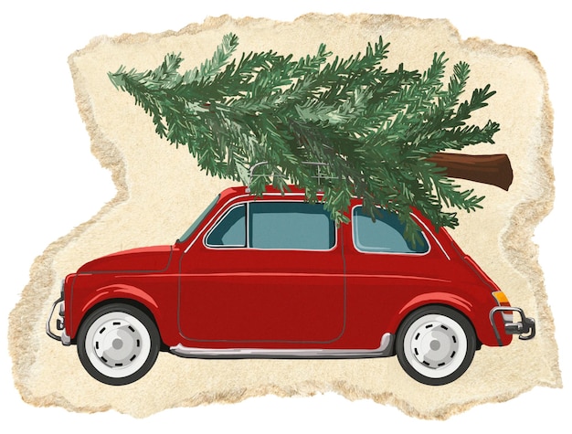Auto con albero di Natale adesivo png carta strappata sfondo trasparente