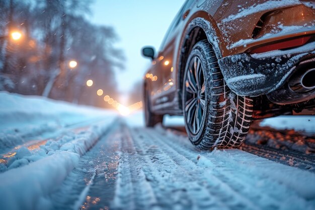 auto con pneumatici in corsa nella neve