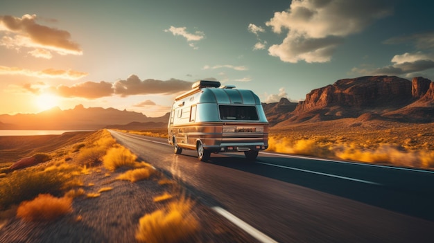 Auto con roulotte su autostrada concetto di viaggio di stile di vita