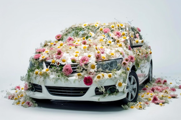 Auto coperta da fiori di primavera su uno sfondo bianco sereno