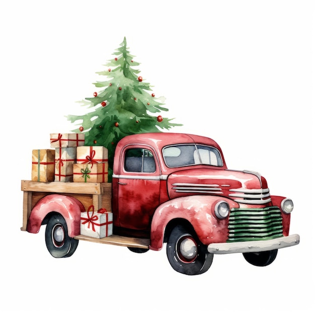 Auto d'epoca con albero di natale Illustrazione acquerello su sfondo bianco