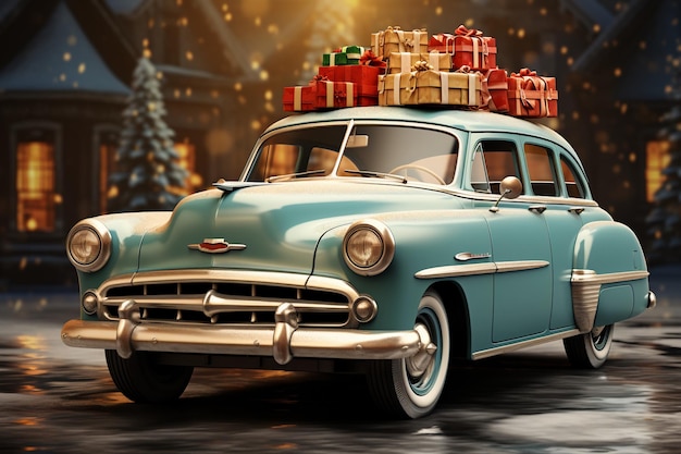 auto d'epoca con regali di Natale sul tetto