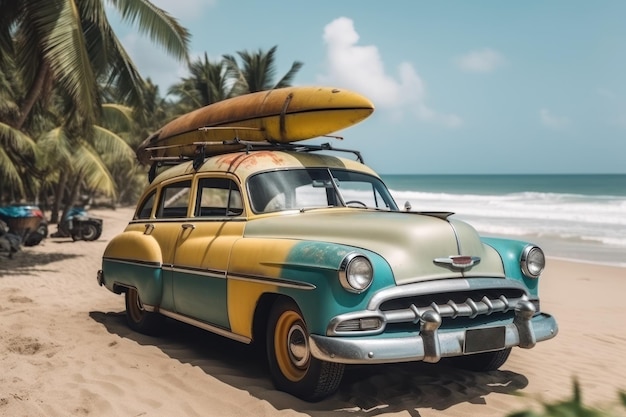 Auto d'epoca con tavola da surf in spiaggia auto d'epoca in spiaggia IA generativa