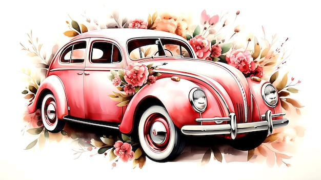 Auto d'epoca dell'acquerello con mazzo di fiori su sfondo bianco matrimonio