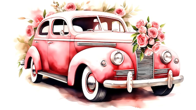 Auto d'epoca dell'acquerello con mazzo di fiori su sfondo bianco matrimonio