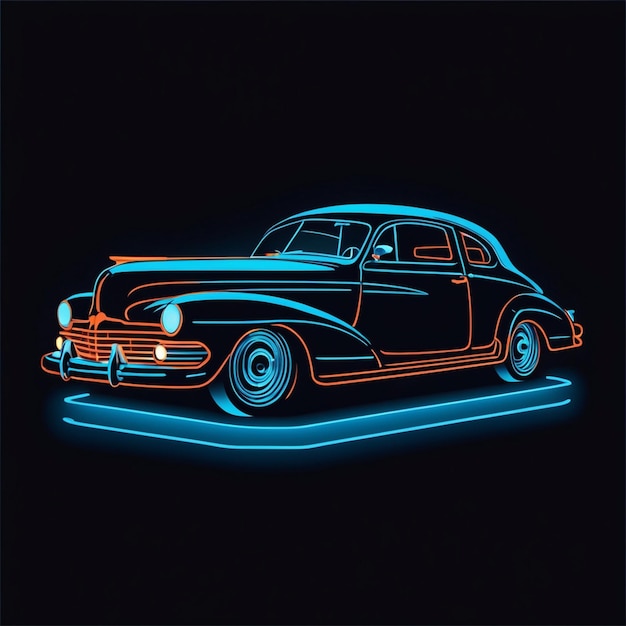 auto d'epoca su un effetto neon a contorno blu