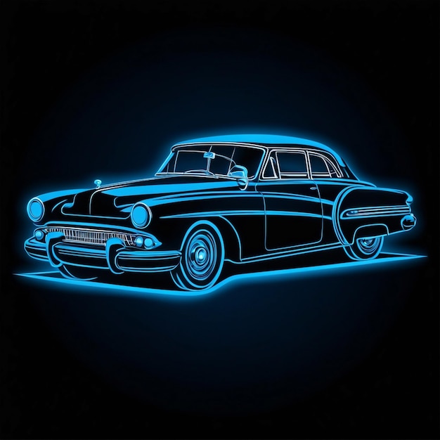 auto d'epoca su un effetto neon a contorno blu