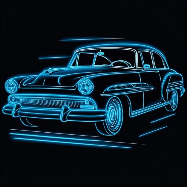 auto d'epoca su un effetto neon a contorno blu