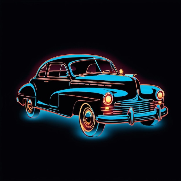 auto d'epoca su un effetto neon a contorno blu