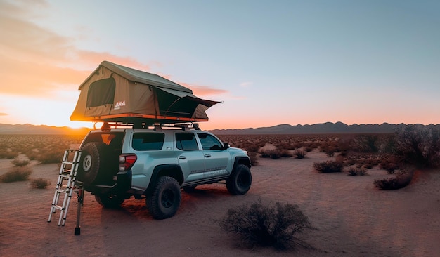 Auto da campeggio allterrain con tenda sul tetto in uno splendido scenario di montagna durante il tramonto Avventura concetto selvaggio IA generativa