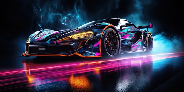 Auto da corsa in stile neon brillante su uno sfondo scuro