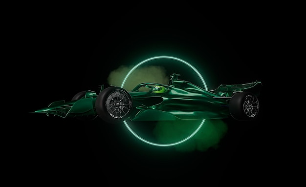 Auto da corsa sportiva F1 in luce al neon verde con effetto fumo e sfondo scuro