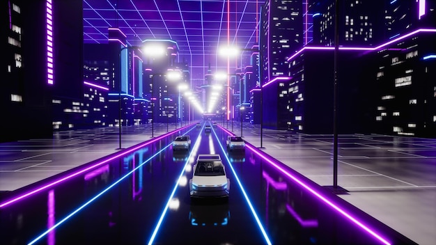 Auto da trasporto futuristica su strada nel rendering 3d della città del metaverso