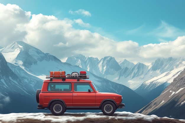 auto da viaggio con rack sul tetto e cose in stile retro sullo sfondo delle montagne