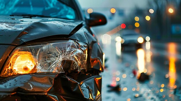 Auto danneggiata seduta sotto la pioggia