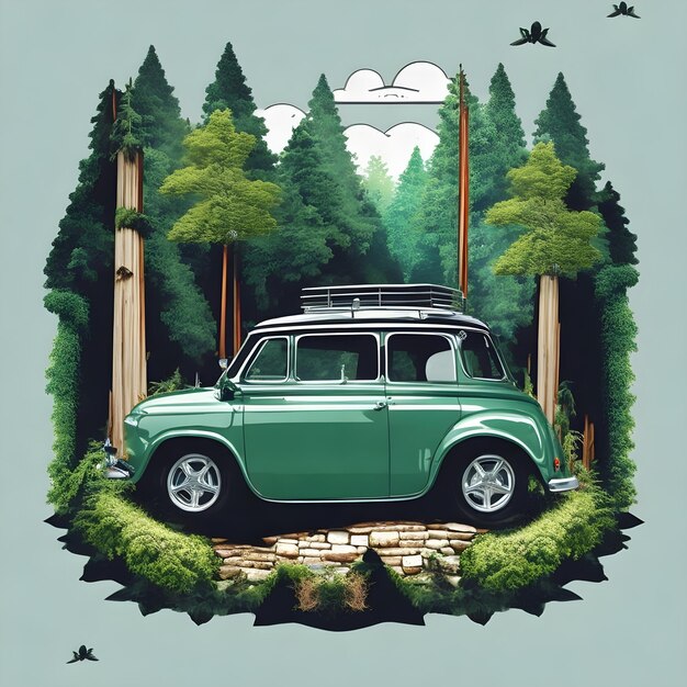 Auto di fronte a un disegno grafico di una maglietta di cartoni animati per la foresta