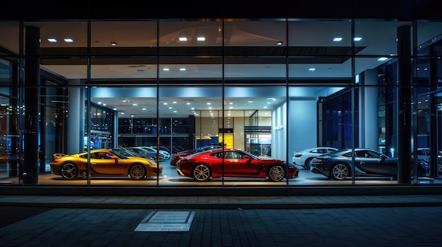 Auto di lusso all'interno della concessionaria di notte vista di nuovi veicoli nello showroom dalla strada Tema della vendita al dettaglio del negozio vetrina della tecnologia elettrica