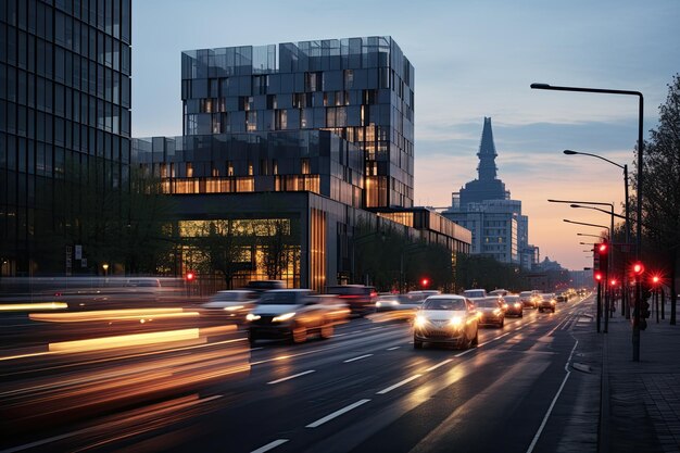 Auto di lusso attraversano edifici moderni al crepuscolo