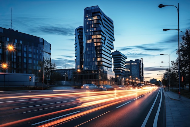 Auto di lusso attraversano edifici moderni al crepuscolo