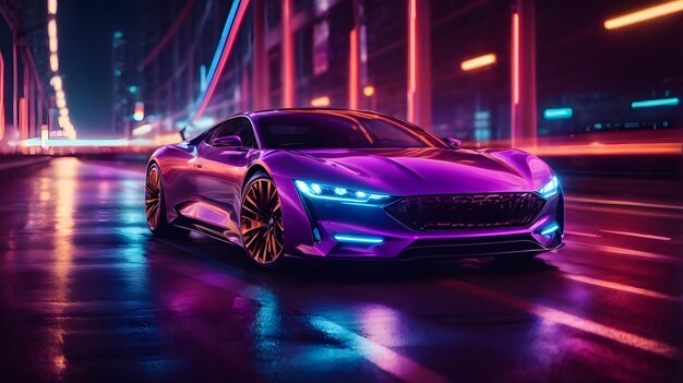 Auto di lusso futuristica sull'autostrada al neon Accelerazione potente di un'auto premium con luci colorate