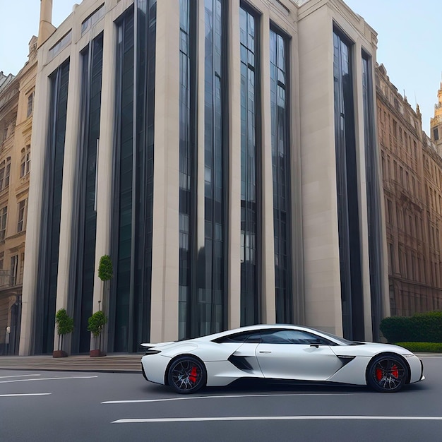 Auto di lusso parcheggiata all'esterno di un edificio moderno generato dall'intelligenza artificiale