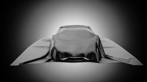 auto di presentazione sotto tessuto nero su sfondo bianco rendering 3D