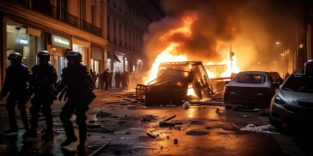 Auto e strade in fiamme di notte durante le proteste rivolte contro la polizia bruciate auto e negozi