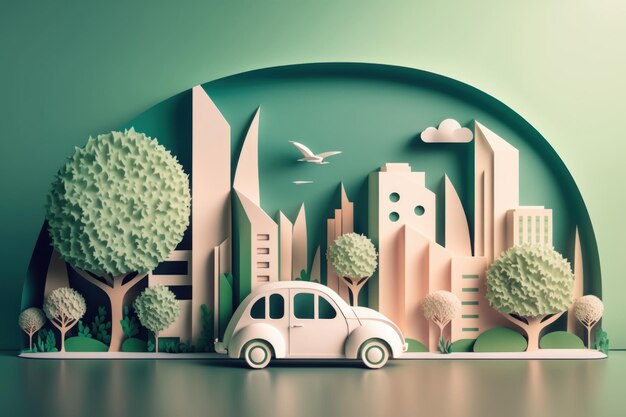 Auto ecologica con taglio di carta per il paesaggio urbano Concetto di energia rinnovabile e sostenibile AI generativa