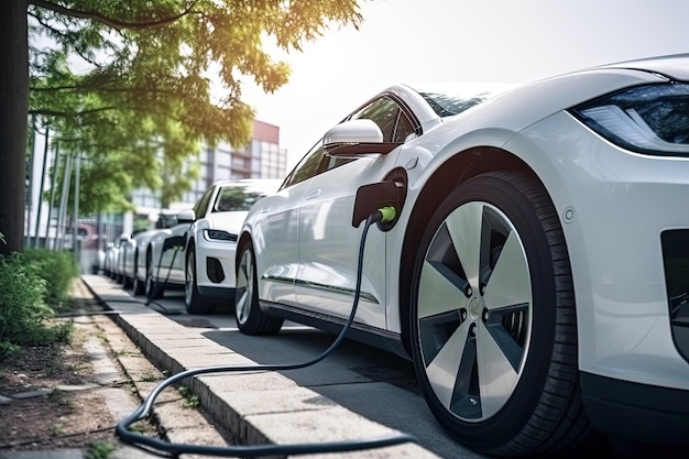 Auto elettrica alla stazione di ricarica con cavo di alimentazione collegato Veicolo EV in città IA generativa