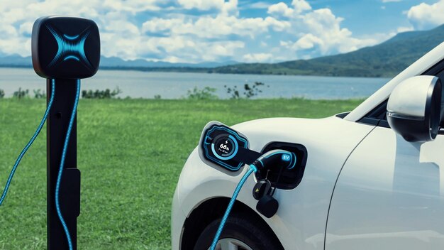 Auto elettrica collegata con stazione di ricarica per ricaricare la batteria con cavo di ricarica EV con natura e lago sullo sfondo Futura auto elettrica innovativa e sostenibilità energetica Peruse