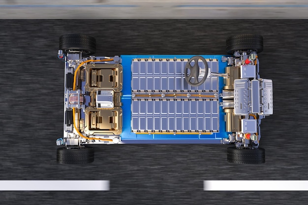 Auto elettrica con pacco batterie su strada