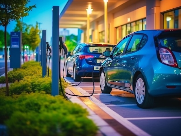 auto elettrica EV con una carica bassa della batteria in una stazione di ricarica elettricaGenerative Ai