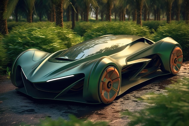 Auto elettrica futuristica nella foresta verde Auto ecologica moderna in natura