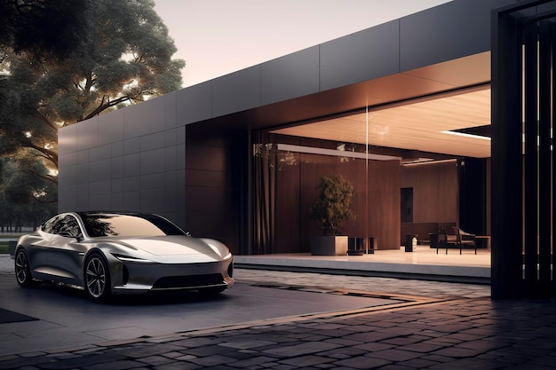 Auto elettrica generica di lusso parcheggiata fuori da una casa di design minimalista moderna